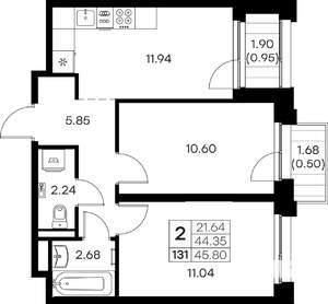 2-к квартира, вторичка, 46м2, 12/16 этаж