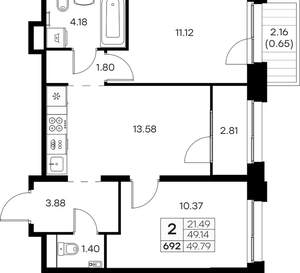2-к квартира, вторичка, 50м2, 11/16 этаж