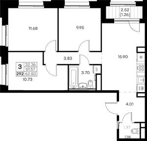 3-к квартира, вторичка, 63м2, 6/16 этаж