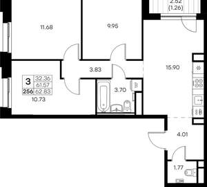 3-к квартира, вторичка, 63м2, 3/16 этаж