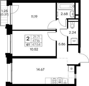 2-к квартира, вторичка, 48м2, 6/16 этаж
