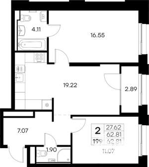 2-к квартира, вторичка, 63м2, 2/16 этаж