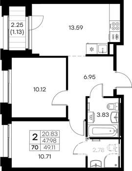 2-к квартира, вторичка, 49м2, 7/16 этаж
