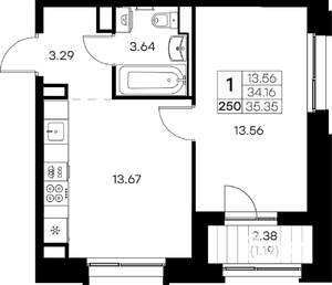 1-к квартира, вторичка, 35м2, 2/16 этаж