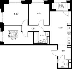 3-к квартира, вторичка, 63м2, 12/16 этаж
