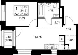 1-к квартира, вторичка, 36м2, 10/16 этаж