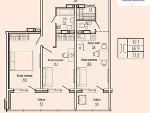 2-к квартира, вторичка, 74м2, 12/15 этаж