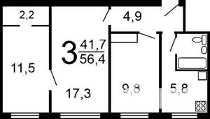 3-к квартира, вторичка, 57м2, 3/9 этаж