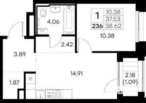 1-к квартира, вторичка, 39м2, 12/16 этаж