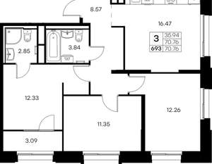 3-к квартира, вторичка, 71м2, 11/16 этаж