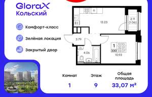 1-к квартира, вторичка, 33м2, 9/16 этаж