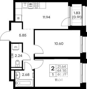 2-к квартира, вторичка, 45м2, 2/16 этаж