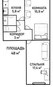 2-к квартира, вторичка, 48м2, 2/6 этаж