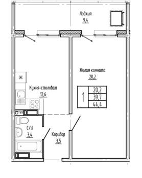 1-к квартира, вторичка, 44м2, 4/15 этаж