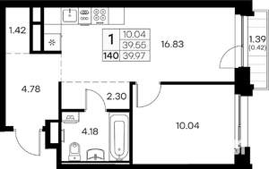 1-к квартира, вторичка, 40м2, 12/16 этаж
