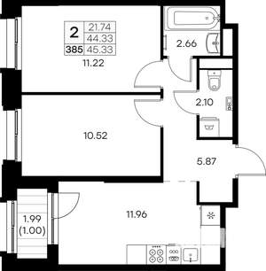 2-к квартира, вторичка, 45м2, 14/16 этаж