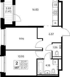 2-к квартира, вторичка, 51м2, 11/16 этаж