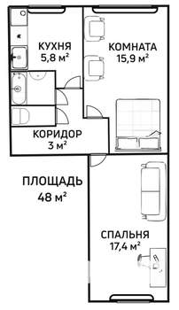 2-к квартира, вторичка, 48м2, 2/6 этаж
