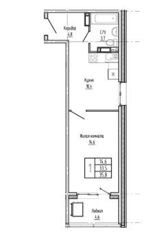 1-к квартира, вторичка, 36м2, 4/15 этаж