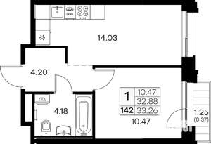 1-к квартира, вторичка, 33м2, 12/16 этаж
