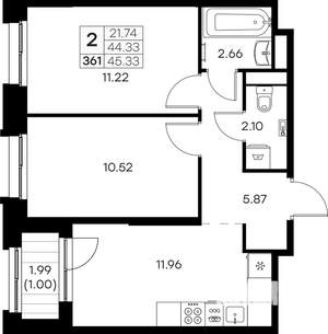 2-к квартира, вторичка, 45м2, 12/16 этаж