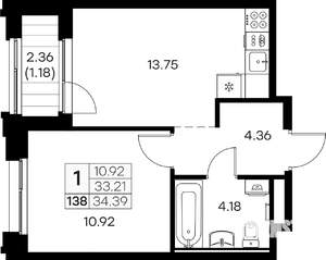 1-к квартира, вторичка, 34м2, 12/16 этаж