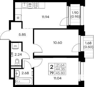 2-к квартира, вторичка, 46м2, 8/16 этаж
