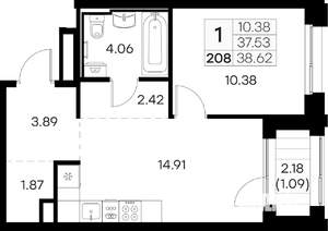 1-к квартира, вторичка, 39м2, 5/16 этаж