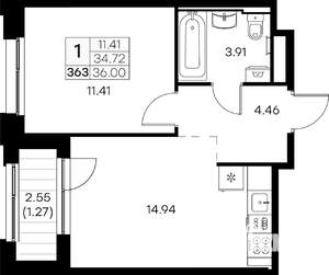 1-к квартира, вторичка, 36м2, 12/16 этаж
