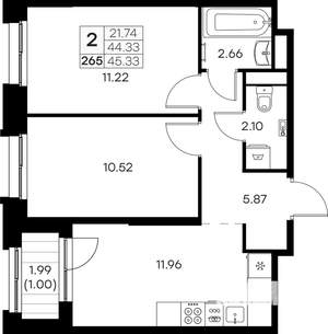 2-к квартира, вторичка, 45м2, 4/16 этаж