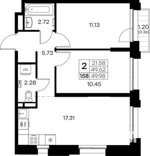 2-к квартира, вторичка, 50м2, 14/16 этаж