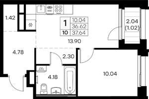 1-к квартира, вторичка, 38м2, 2/16 этаж