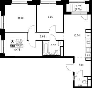3-к квартира, вторичка, 63м2, 10/16 этаж