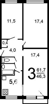 3-к квартира, вторичка, 61м2, 1/9 этаж