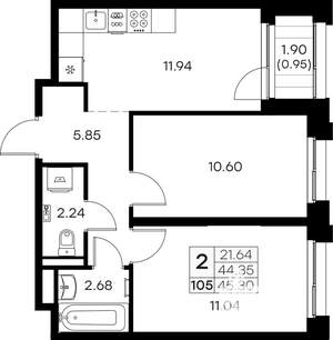 2-к квартира, вторичка, 45м2, 10/16 этаж
