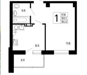 1-к квартира, вторичка, 34м2, 9/16 этаж