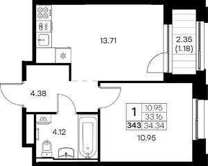 1-к квартира, вторичка, 34м2, 10/16 этаж
