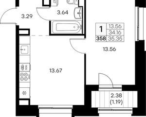 1-к квартира, вторичка, 35м2, 11/16 этаж