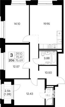 3-к квартира, вторичка, 77м2, 4/16 этаж