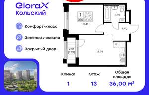 1-к квартира, вторичка, 36м2, 13/16 этаж