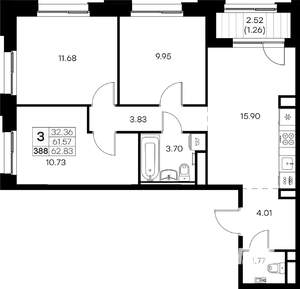 3-к квартира, вторичка, 63м2, 14/16 этаж