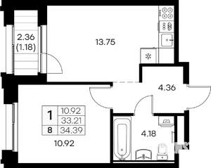1-к квартира, вторичка, 34м2, 2/16 этаж
