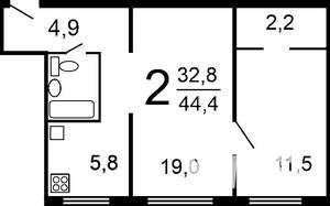 2-к квартира, вторичка, 44м2, 10/10 этаж