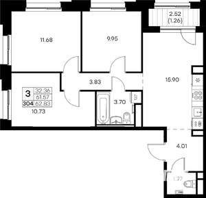 3-к квартира, вторичка, 63м2, 7/16 этаж
