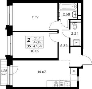 2-к квартира, вторичка, 48м2, 4/16 этаж