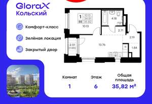 1-к квартира, вторичка, 36м2, 6/16 этаж